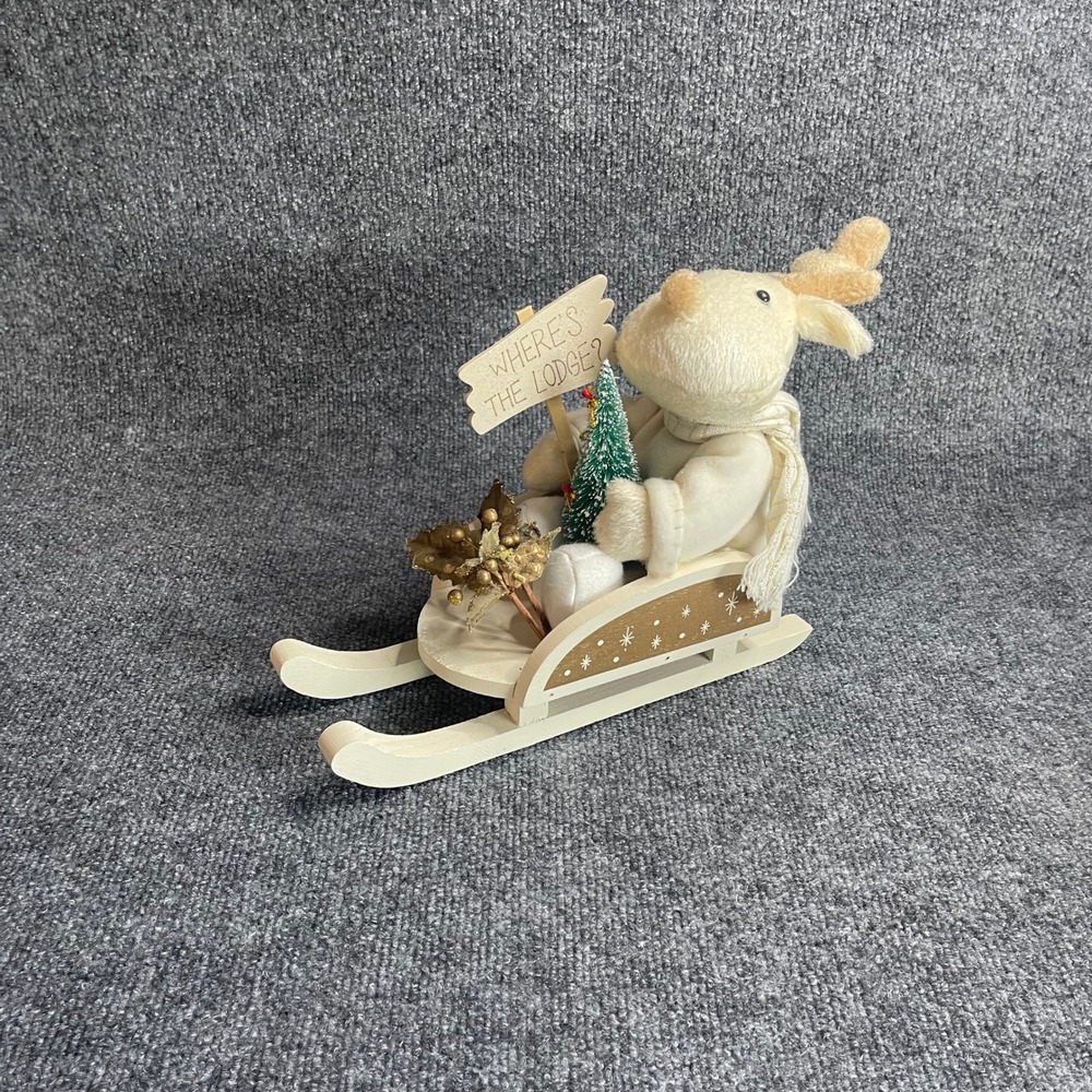 Christmas Reindeer Plush in Wooden Sleigh Figurine Wheres The Lodge Sign 11in